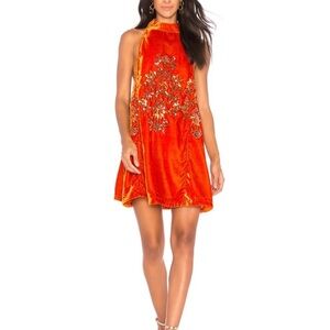 Embroidered Orange Velvet Halter Dress - Free People